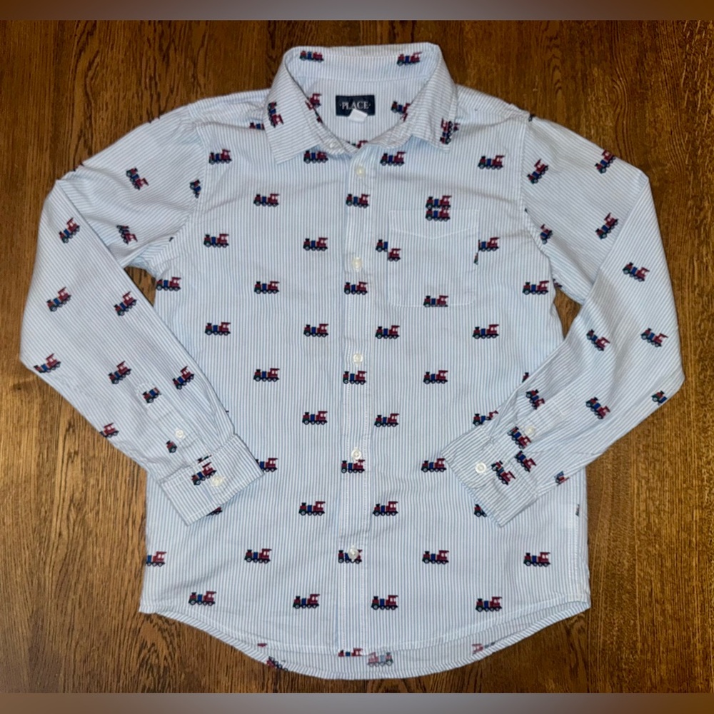 The Children’s Place Boy Poplin Train Button Down Up Shirt XL - Picture 3 of 6